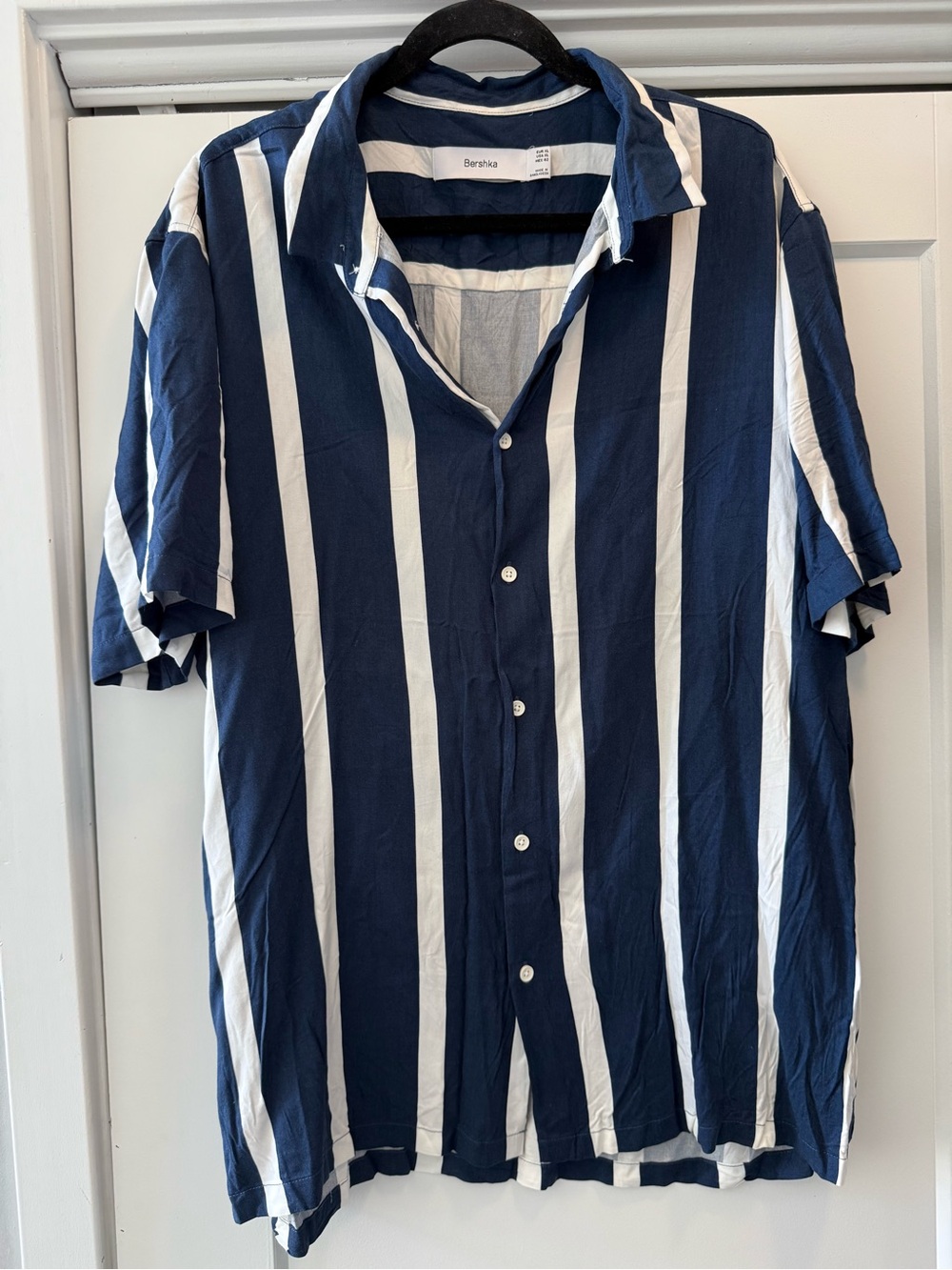 Bershka Navy and White Vertical Stripe Short Sleeve Button-Up